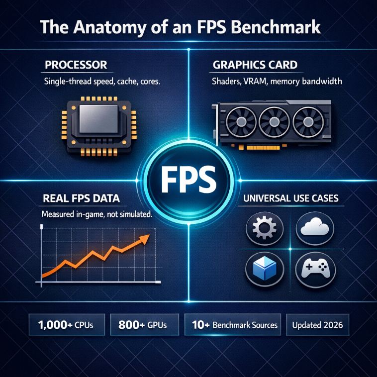 GPU CPU benchmark comparison infographic for gaming AI and workstation performance 2026
